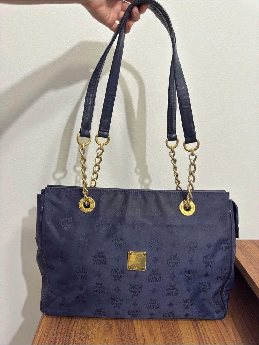Authentic Vintage MCM Navy Blue Nylon Visetos Chain Tote Bag Description: